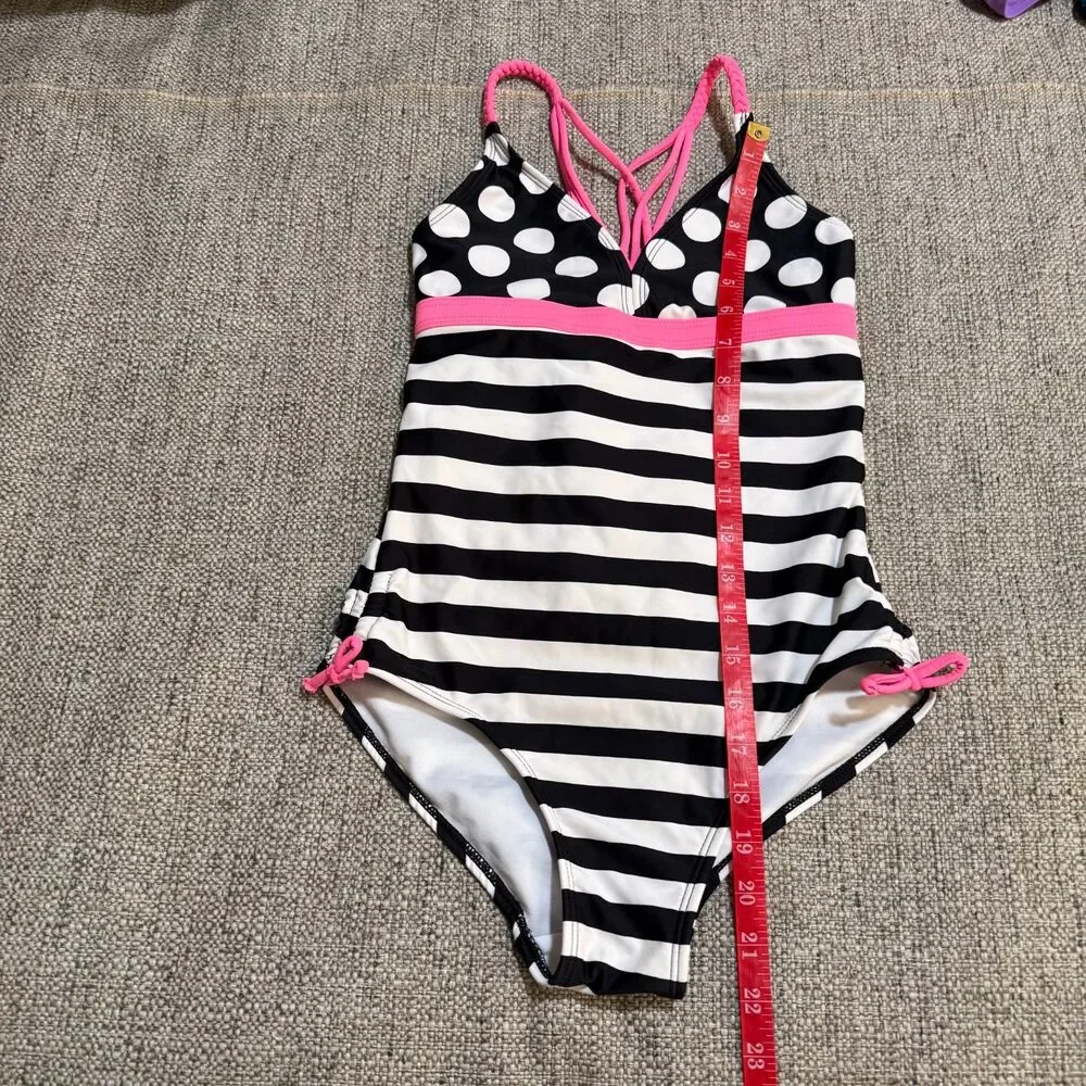 SO Kohl’s Girls Black White Striped Polka Dot One Piece Swimsuit Pink 16